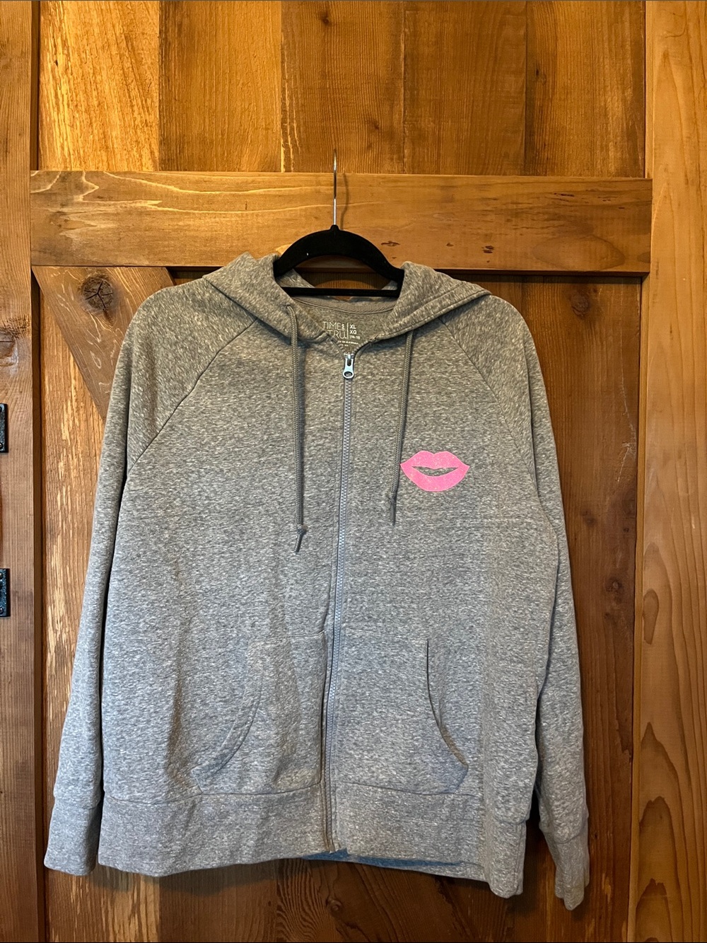 “Cool Auntie” Time and Tru Gray Full-Zip Hoodie with Pink Lip Accent